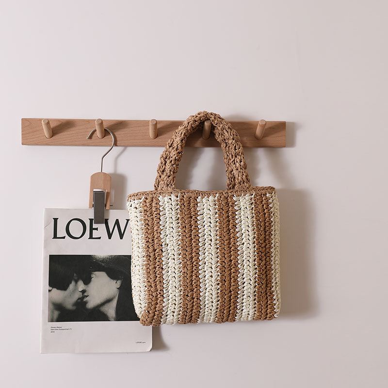 Vertical Stripes French Straw Bag Portable Contrast Color Straw Bag Woven Bag Women's Bag Seaside Vacation Beach Bag
