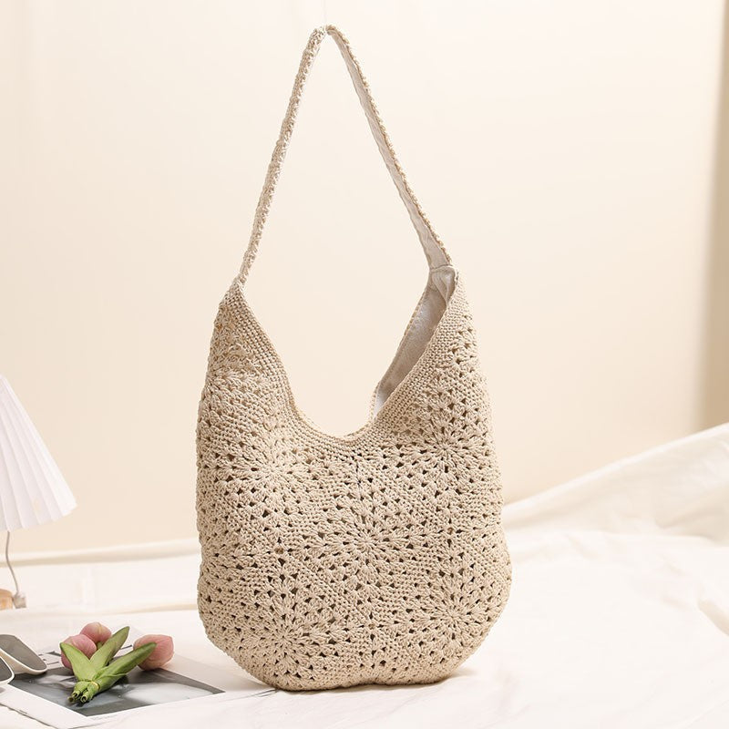 Casual Large Capacity Cotton Thread Woven Bag Hand Crocheted Floral Shoulder Bag Vacation Beach Bag Women Bag