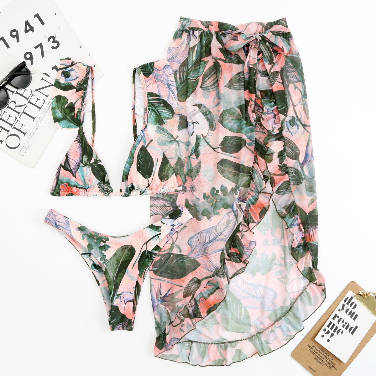 Women Printed Split Sexy Double Sided Mesh Triangle Bikini Swimsuit Three Piece Set