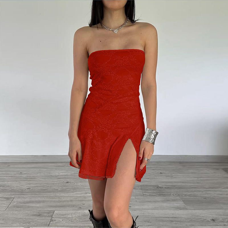 Women Tube Top Stitching Lace Slim Sexy Slit Short Dress