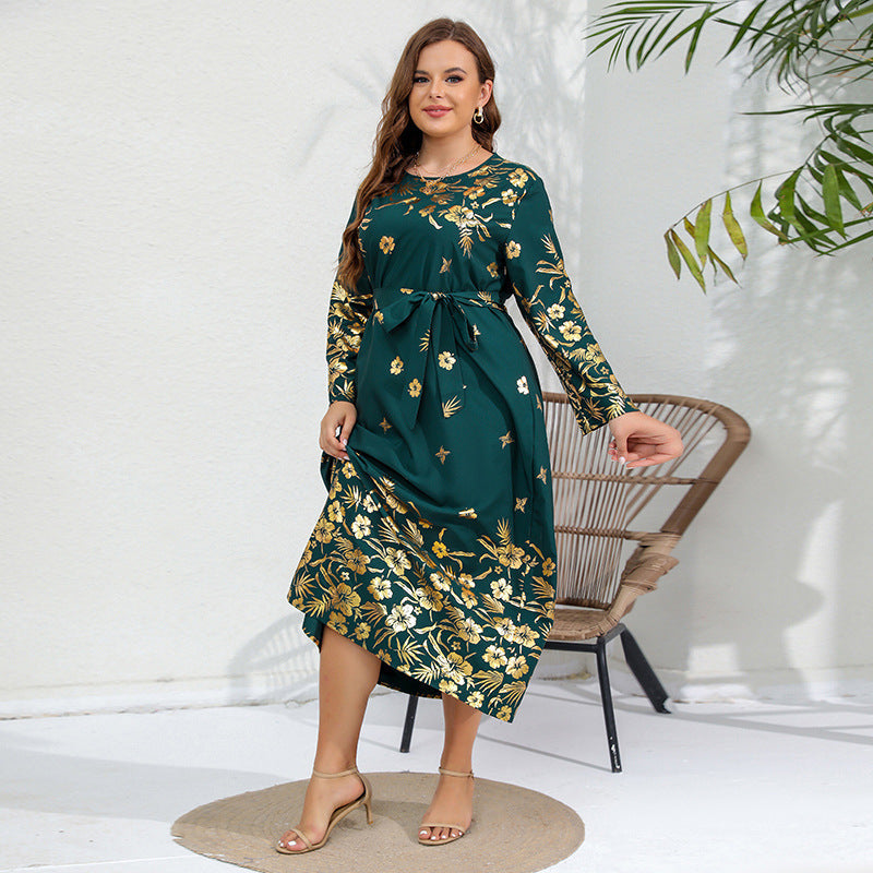 Plus Size Ethnic Loose Maxi Dress Cashew Printed Long Sleeve Dress