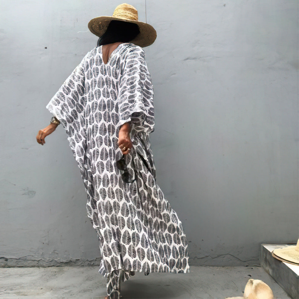 Beach Cover Up Front Back V Neck Loose Robe Seaside Vacation Skirt Bikini Sun Protection Shirt