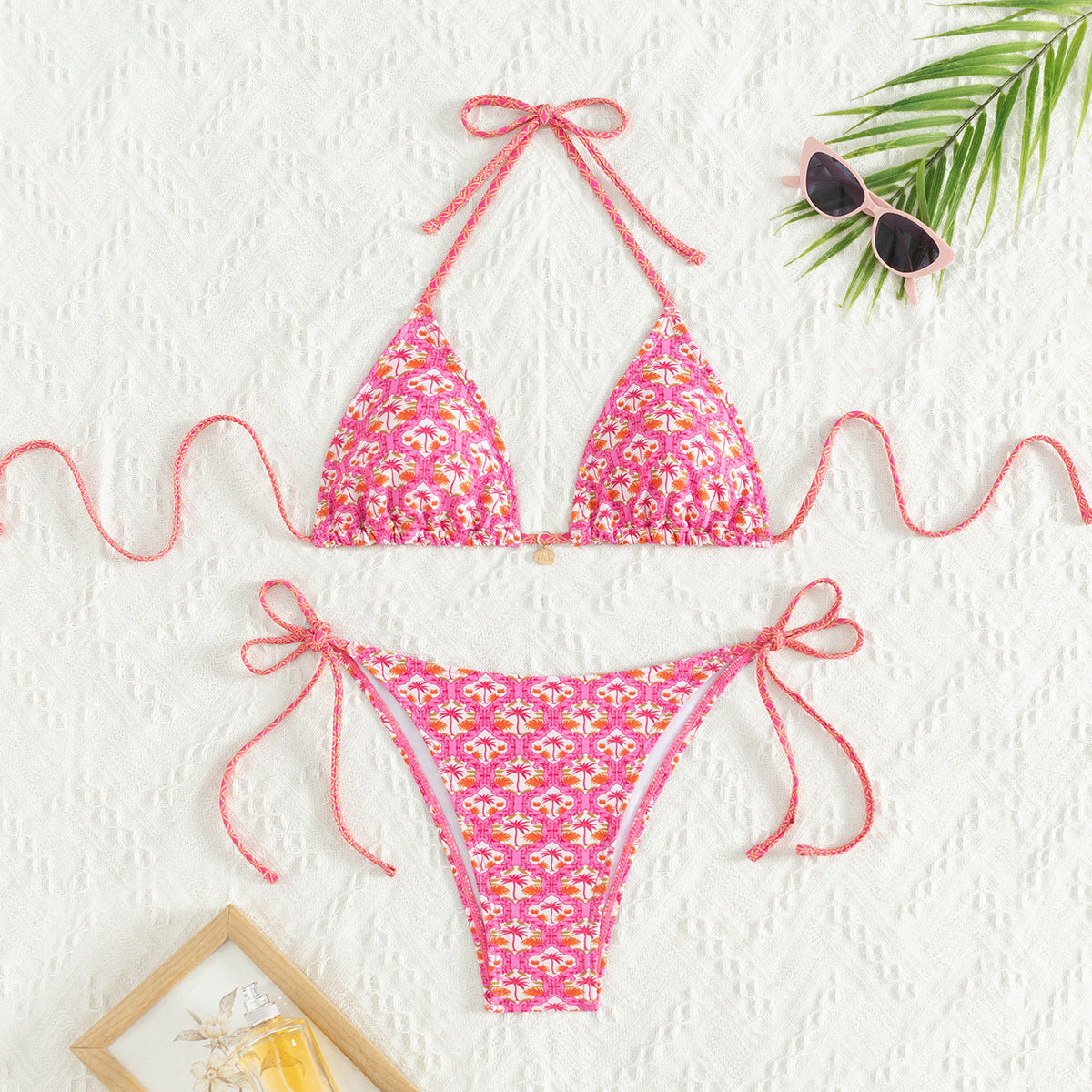 Bikini Printing Triangle Cup Lace Up Sexy Bikini Swimsuit Swimwear Women