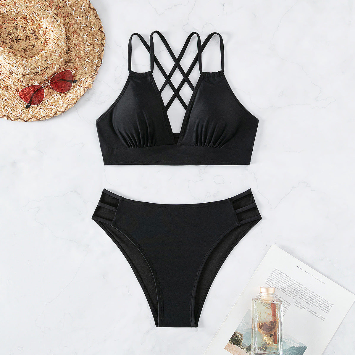 Bikini Solid Color V neck Backless Sexy Bikini Split Swimsuit Swimwear