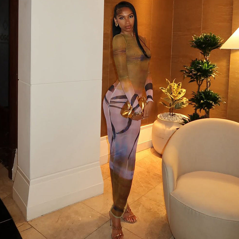 Slim Women Clothing Stitching Printing Hip Retro Turtleneck Long Sleeve Slightly Transparent Length Dress