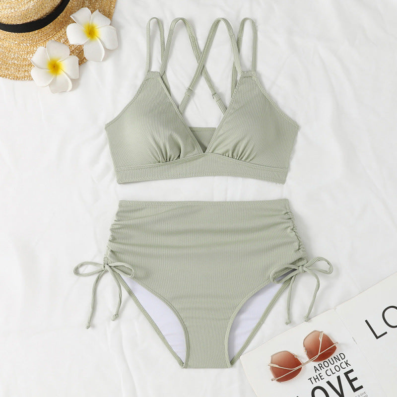 Swimwear Bikini Split High Waist Sunken Stripe Sexy Swimsuit Women Solid Color Split Swimsuit Swimsuit