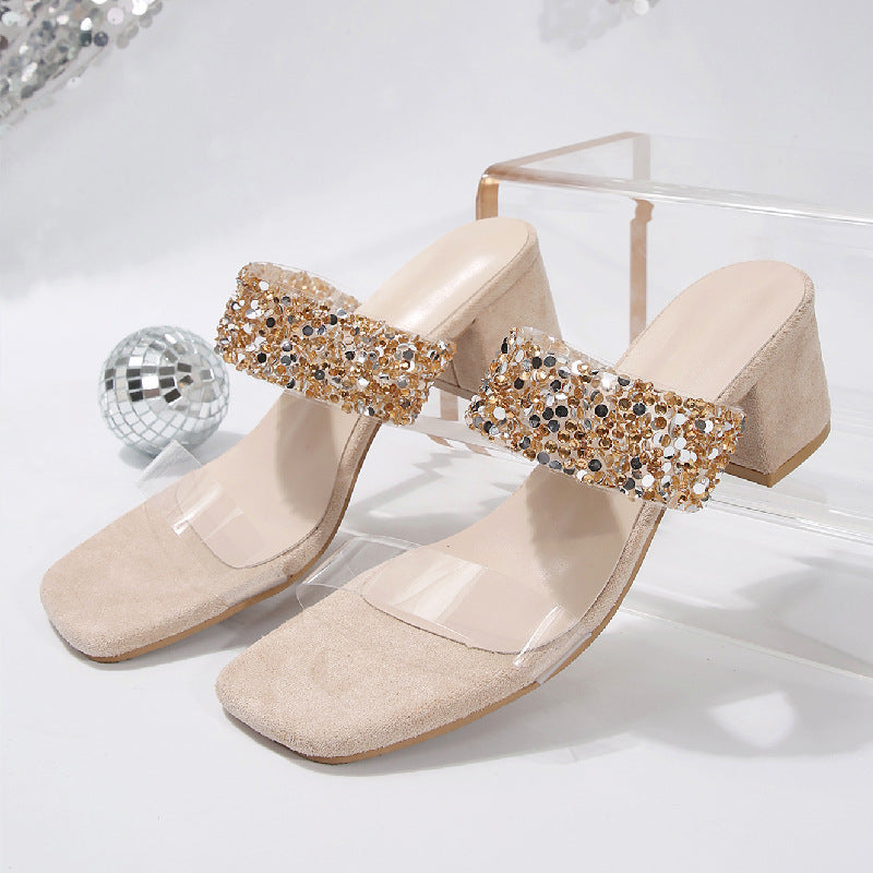 One Strap Mid Heel Slippers Women Chunky Heel Square Toe Rhinestone Chunky Heel Sandals