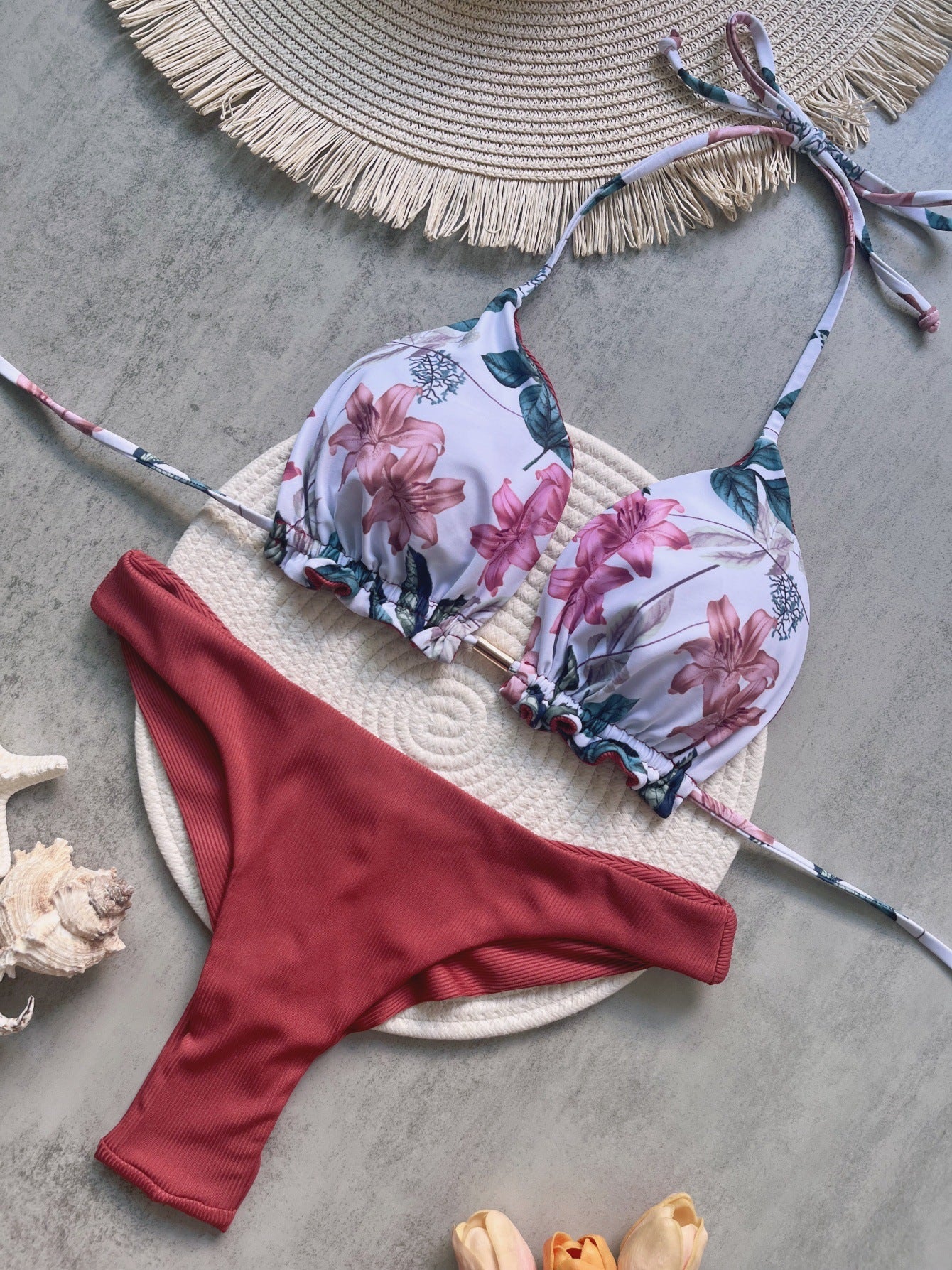 Bikini Rib Fabric Printed Sexy Backless Split Swimsuit Bikini