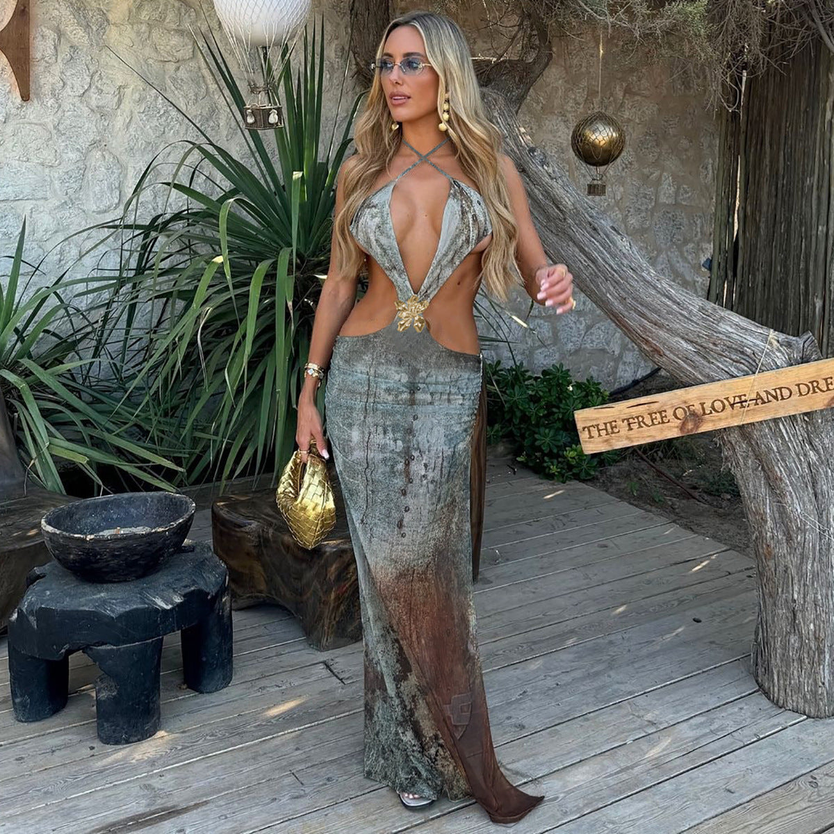 Women Summer Sexy Hollowed Printing Slim Fit Slit Dress