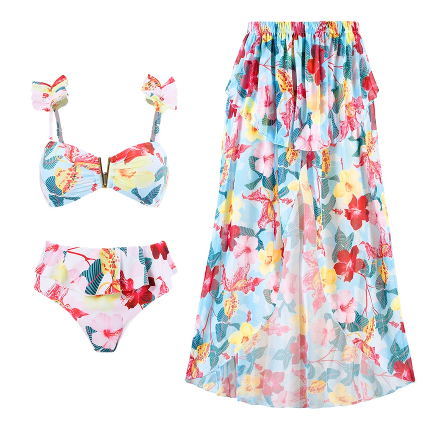 Split Conservative Swimsuit Printing V Iron Mesh Wrap Skirt Set Swimsuit