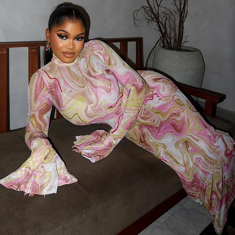 Slim Fit Slimming Women Printed Hip Home Comfortable Stand Collar Long Sleeve Length Dress