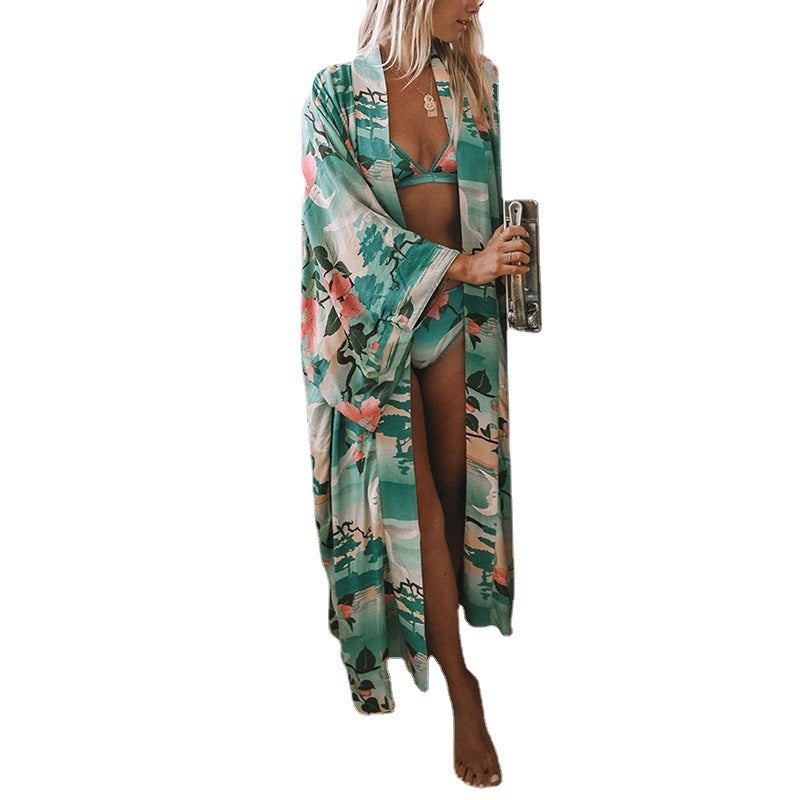 Loose Beach Beach Cover Up Sun Protection Shirt Mid-Length Cardigan Swimsuit Dress Women