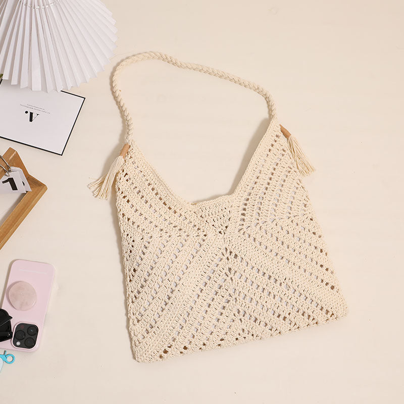 Triangle Hollow Out Cutout Cross Body Cotton Thread Woven Bag Casual Grandmother Grid Straw Bag Vacation Beach Bag Women Bag