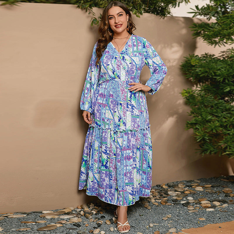 Plus Size Spring Dress Printed V neck Long Sleeve Floral Dress Loose Swing Dress
