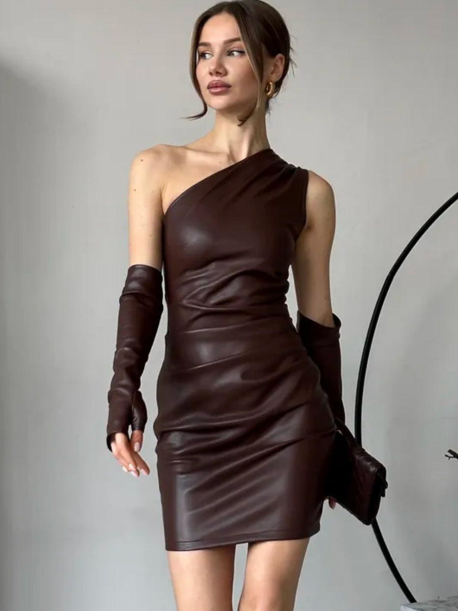 Faux Leather Dress Street Hipster Women Clothing Diagonal Collar Sleeveless Oversleeve Tight Waist Sheath Dress