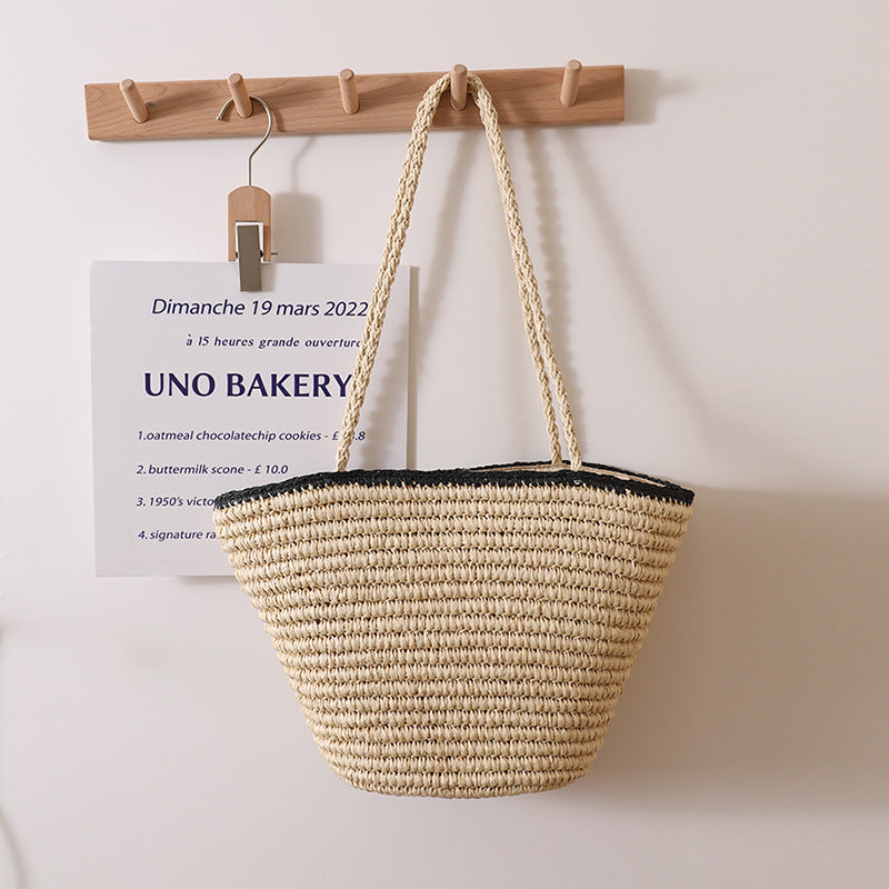 Black Edge Straw Bag Contrast Color Portable Straw Bag Woven Bag Seaside Vacation Beach Bag Women Bag
