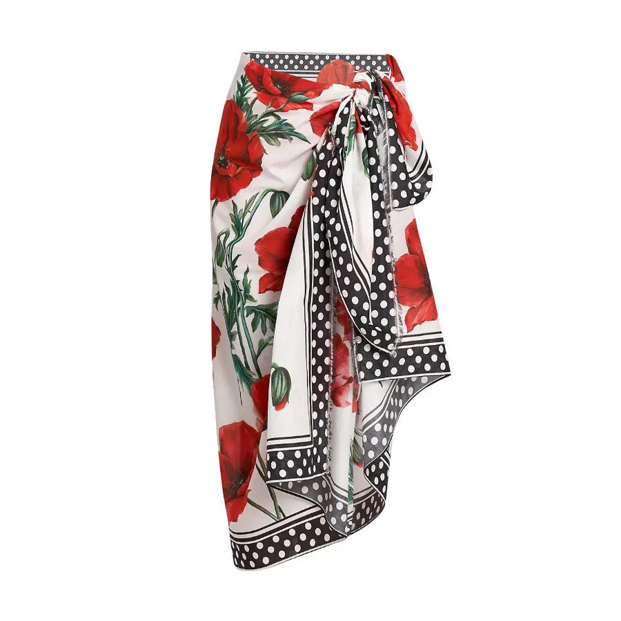 Printing One Piece Women Swimwear French Retro Cover Belly Slimming Swimsuit Chiffon Sand