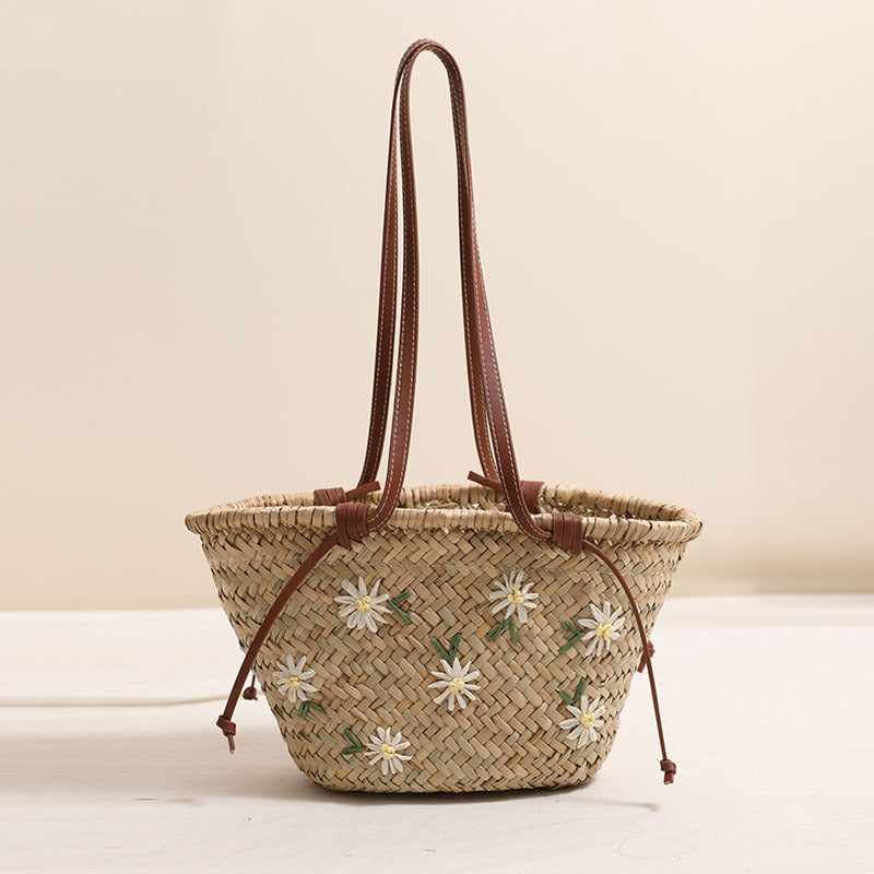 Sac à bandoulière en paille brodé de fleurs fraîches, grande capacité, tissé en paille Mitsubishi, pour vacances en bord de mer, plage