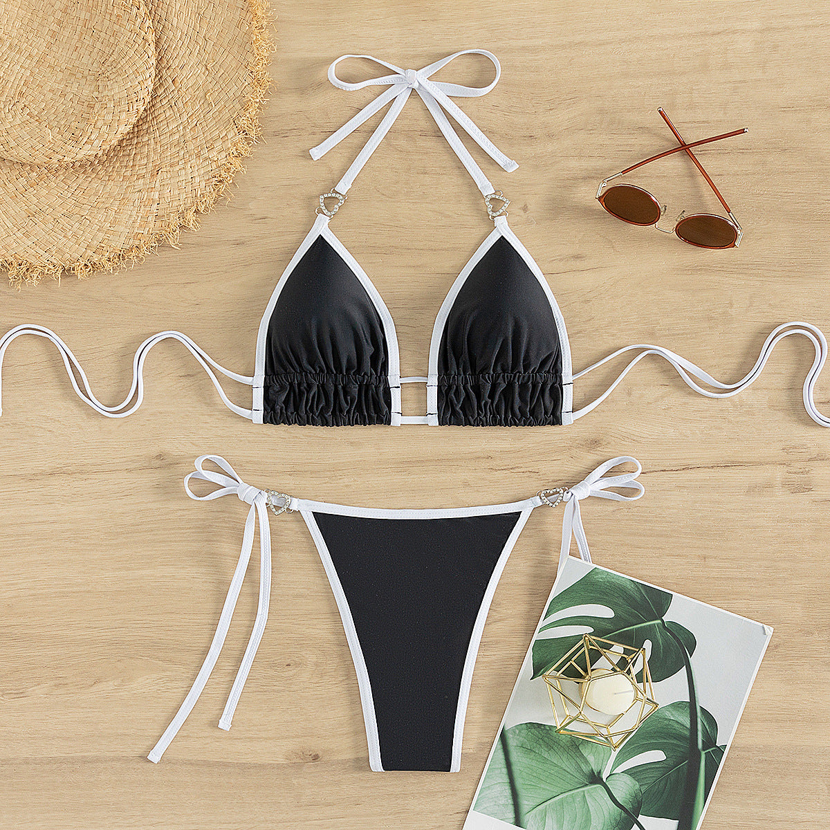 Bikini Color Matching Lace up T Back Sexy Split Bikini Swimwear Swimsuit Women