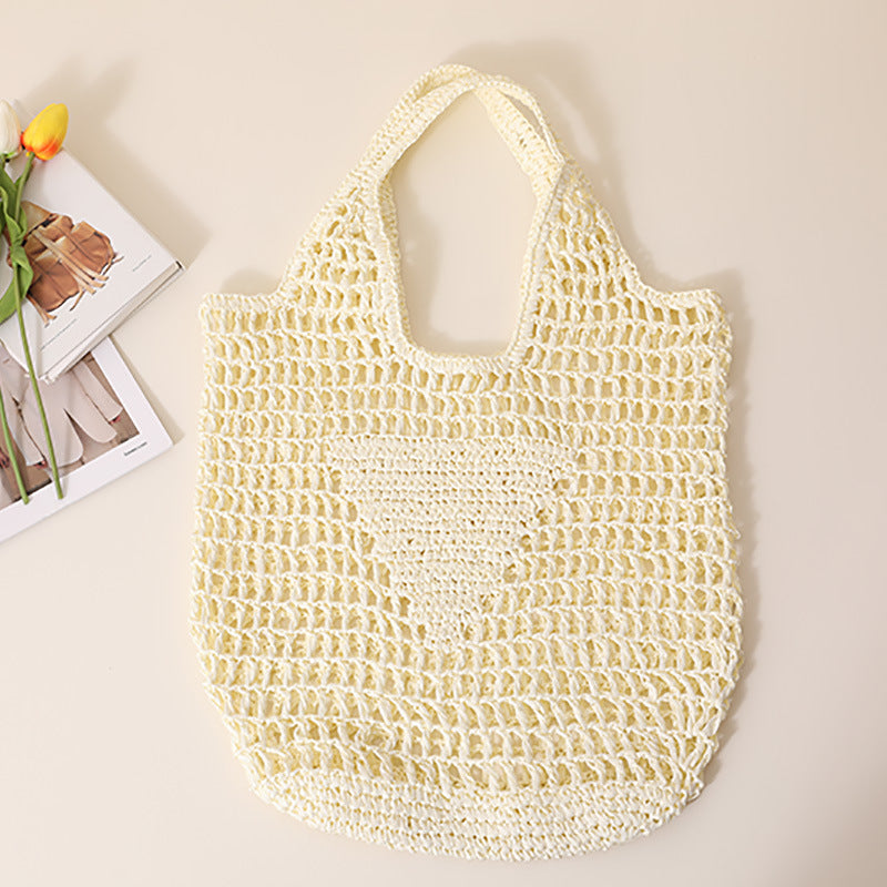 Large Capacity Hollow Out Cutout Straw Bag Fresh Candy Color One Shoulder Tote Woven Bag Portable Women Beach Bag