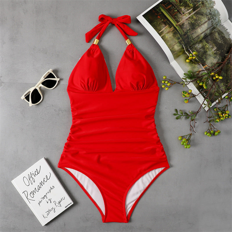 One Piece Swimsuit Conservative Print Halter Red Backless Swimsuit