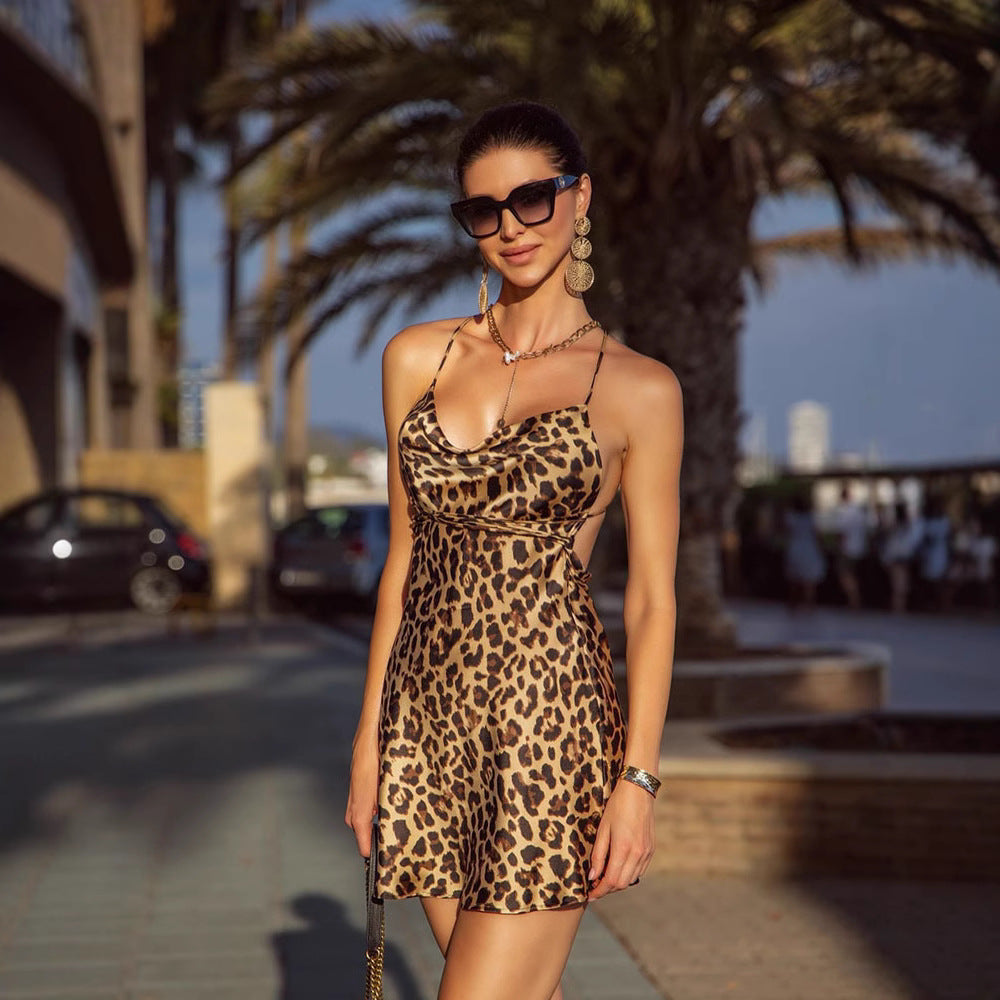 Sexy Women Clothing Leopard Print Swing Collar Backless Slim Fit Vacation Sling Dress