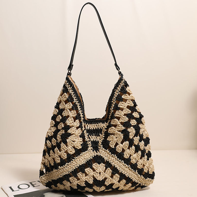 Casual Hollow Out Cutout Shoulder Straw Bag Triangle Large Capacity Straw Bag Woven Bag Vacation Beach Bag Women Bag