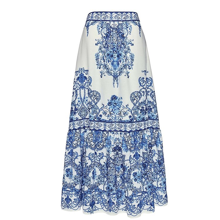 Bow Bandage Blue White Porcelain Printed One Piece Swimsuit Women Set Dress