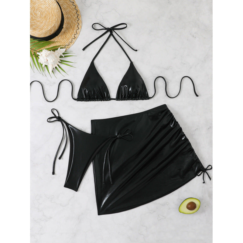 Swimwear Women Bronzing Three Piece Sexy Bikini Solid Color Metal Split Triangle Bag Beach Swimsuit