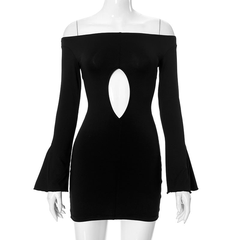 Women Clothing Off Neck Micro Pull Long Sleeve Hollow Out Cutout Out Cropped Hip Wrapped Short Dress