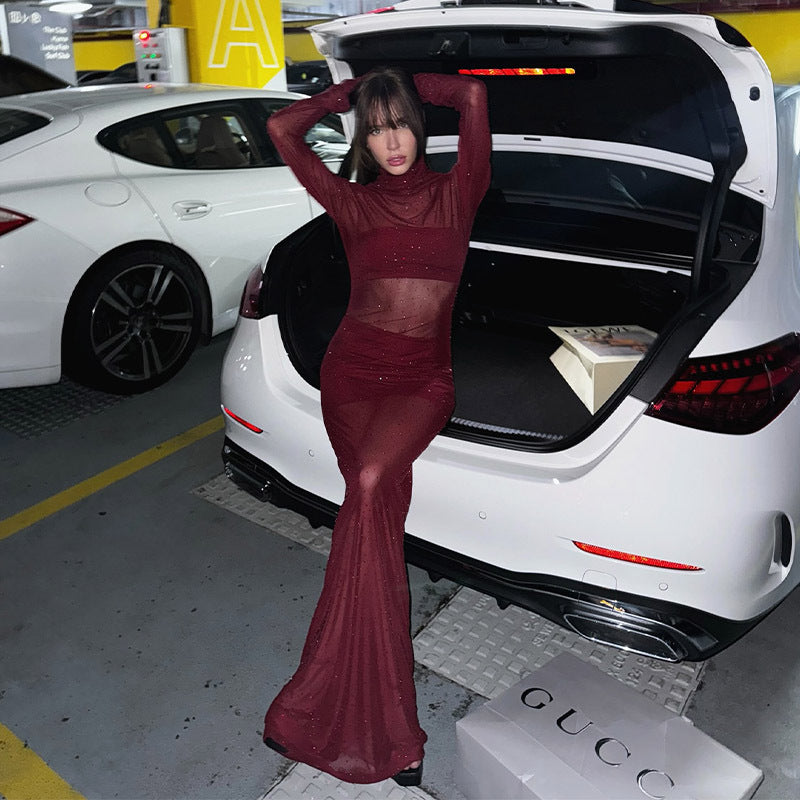 Sexy Half Turtleneck Slim Fit Mesh See through Drilling Dress Outerwear Cover up