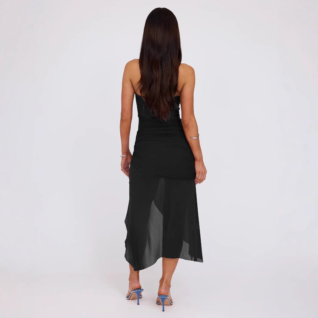 Women Clothing Summer Wind Sexy Tube Top Backless Slim Fitting Patchwork Mesh Irregular Asymmetric Dress