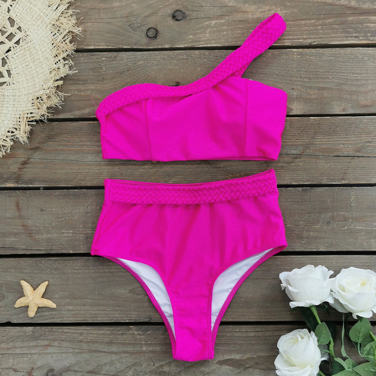 Women One Shoulder Solid Color Split Swimsuit High Waist Braid Rope Banded Bikini Bikini