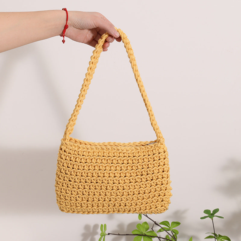 Sac à bandoulière en fil de coton tissé pour femme, sac carré frais, sac en paille, couleur unie, sac de bureau