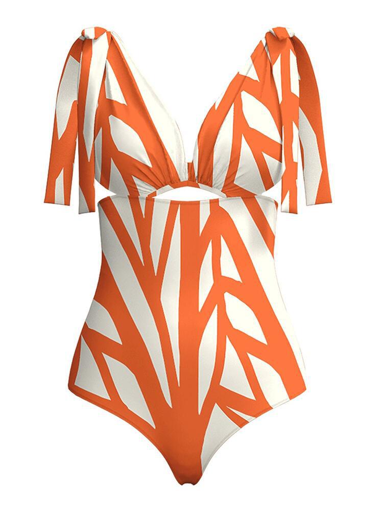 One Piece Swimsuit Women Color Striped Printing Hollow Out Cutout Deep V Plunge Covering Belly Thin Bikini