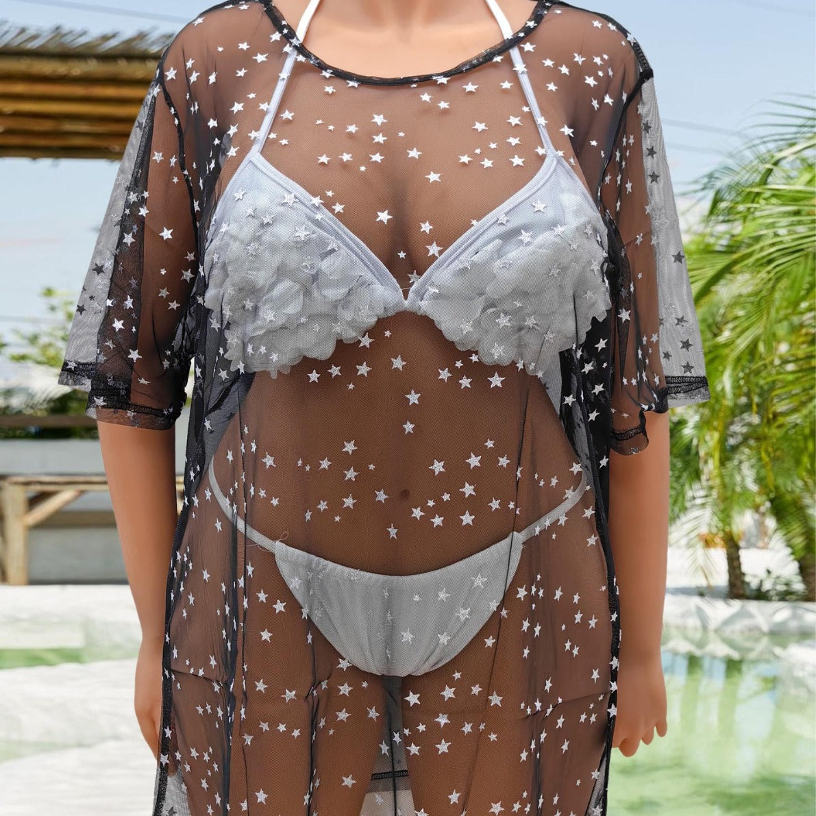 Beach Overclothes Women Dress Sexy Sheer Mesh Long Gilding Pattern T Shirt Bikini Cover up