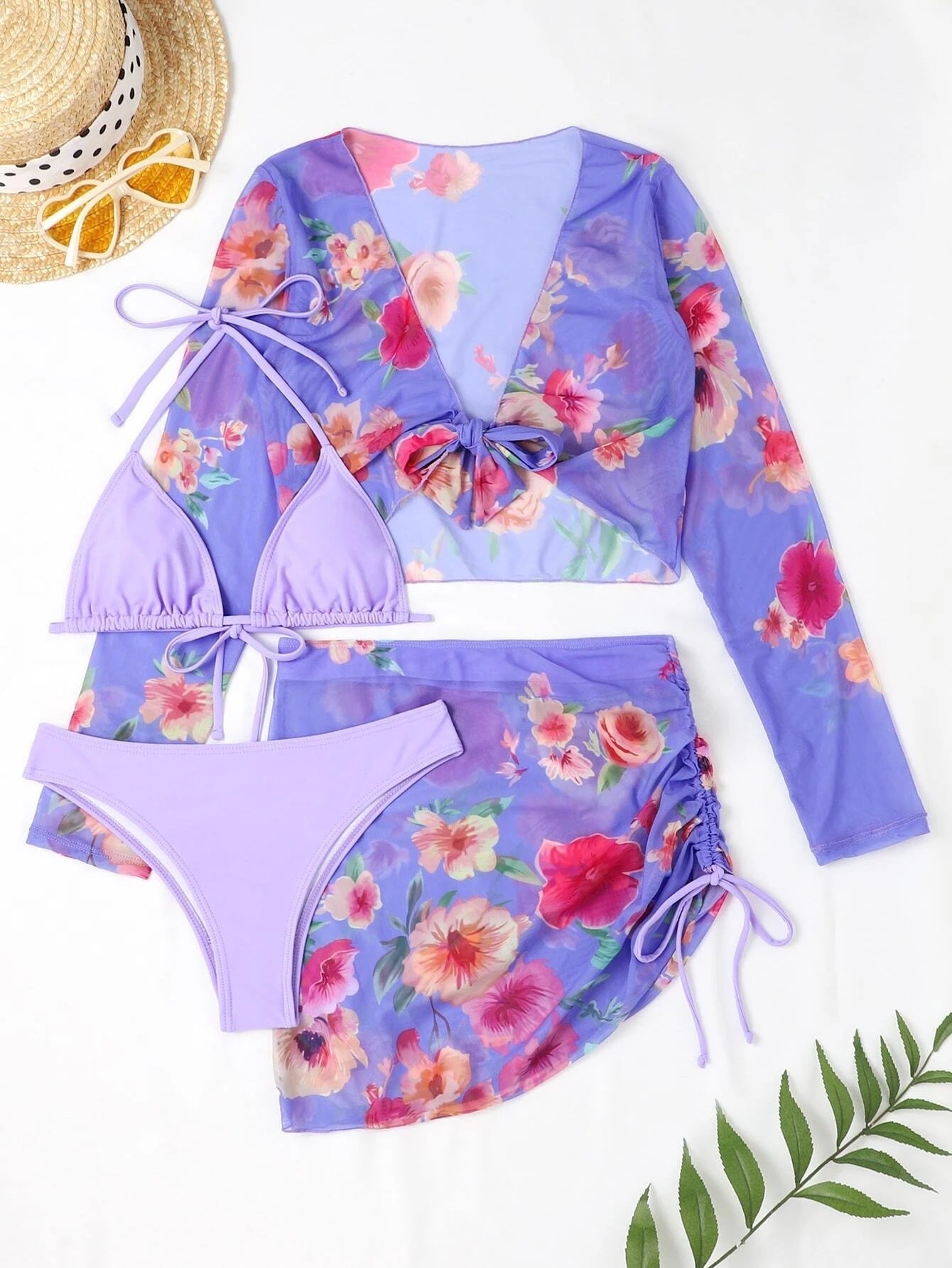 Swimsuit Women Split Three Or Four Piece Suit Printed Drawstring Lace Long Sleeve Internet Celebrity Suit