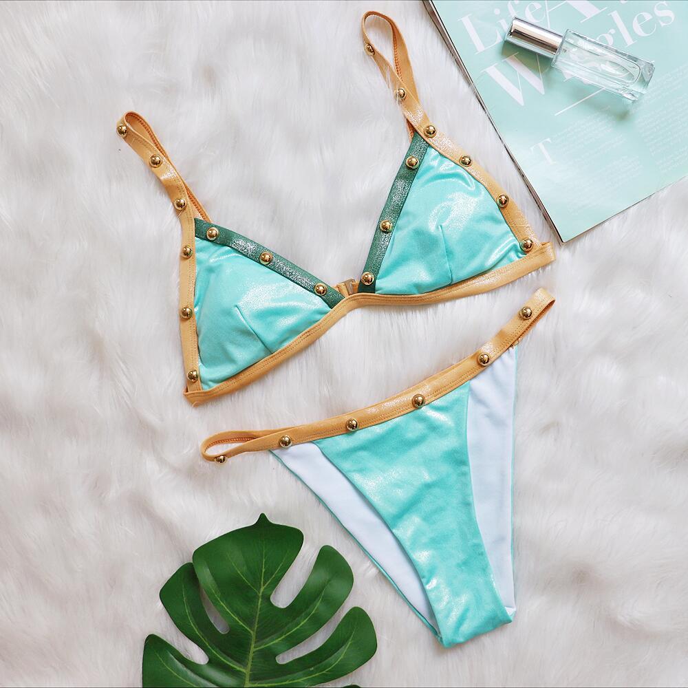 Patchwork Beaded Bikini Sexy Adjustable Shoulder Strap Split Women Swimsuit