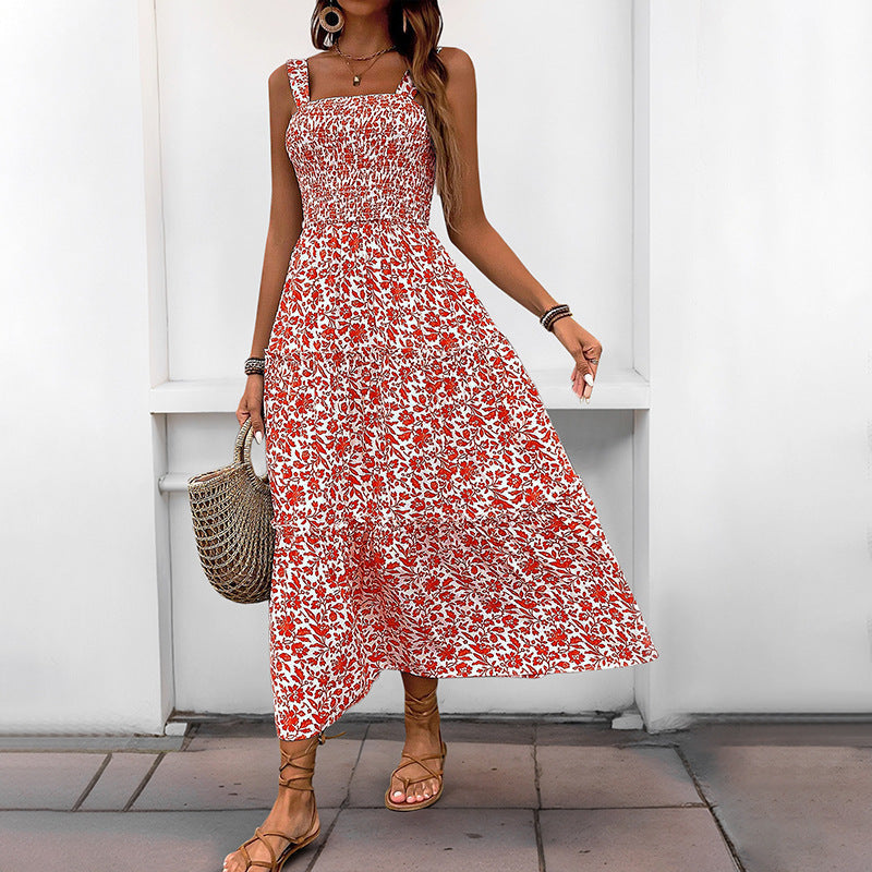 Summer Printed Suspender Sweet Floral Backless Dress