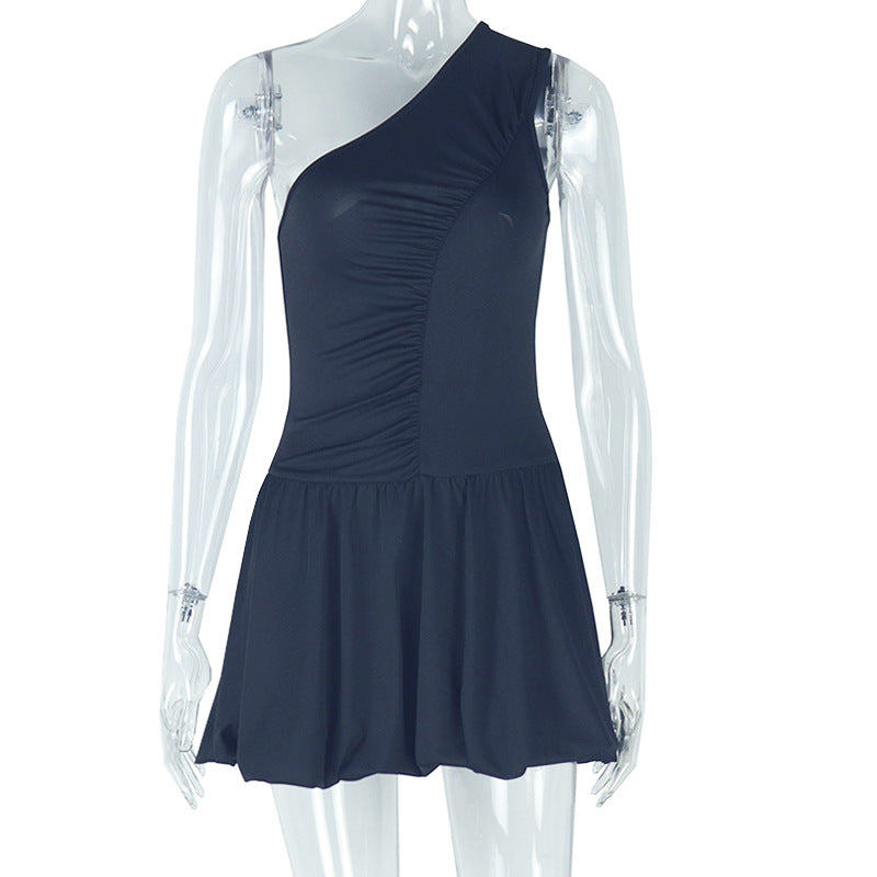 Women Clothing Elegant Irregular Asymmetric Shoulder Solid Color A line Diagonal Collar Sleeveless Ruffled Short Dress