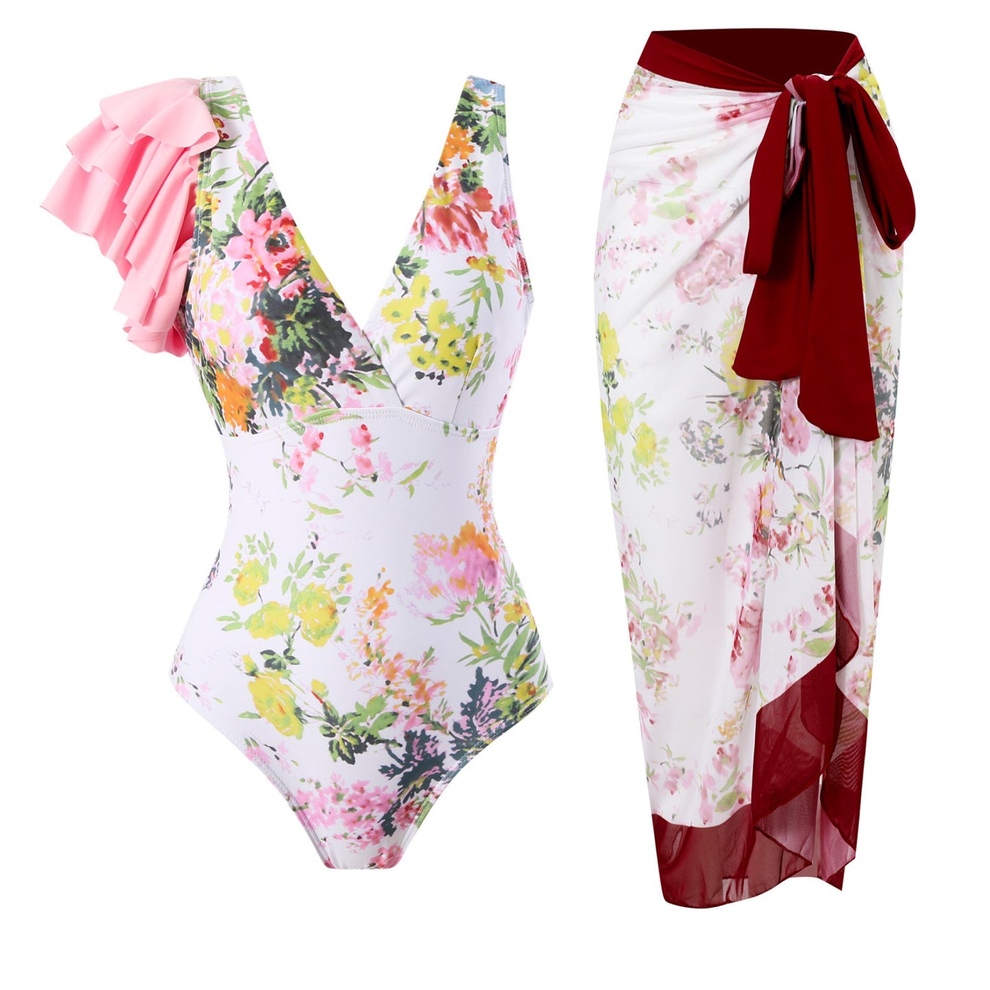 Ruffled One Piece Swimsuit Women Retro Swimsuit Bikini Mesh Beach Skirt Set