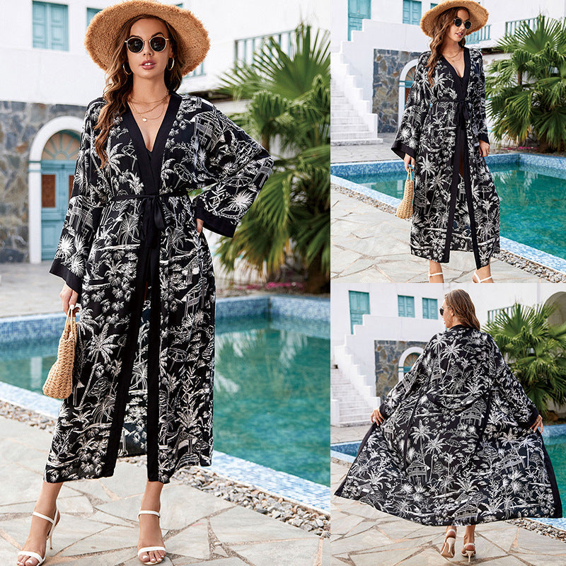 Print Holiday Beach Jacket Sun Protection Clothing Cardigan Long Bikini Cover up Swimsuit Blouse