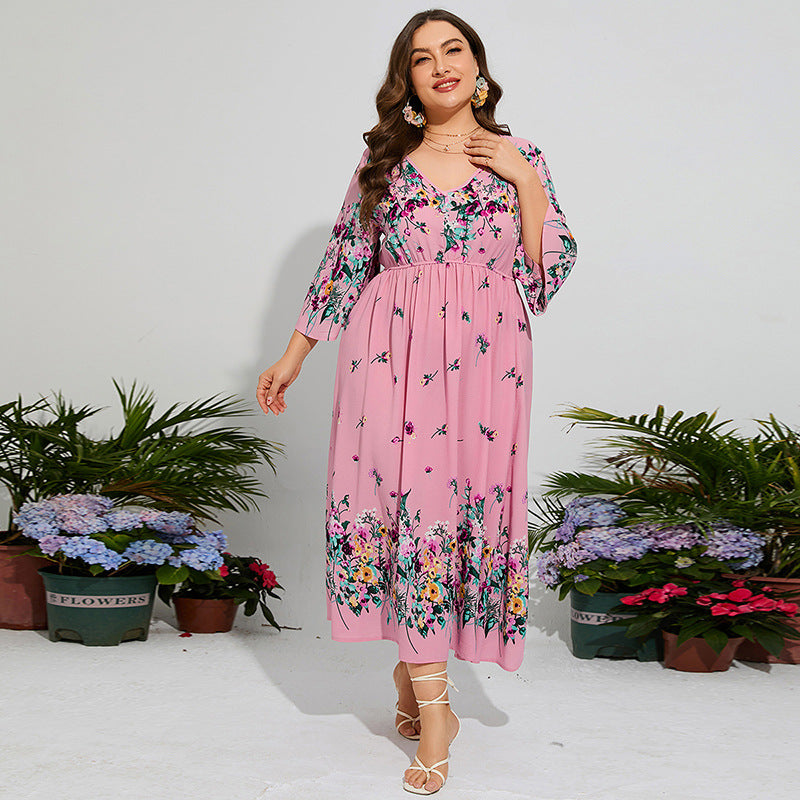 Plus Size Spring Dress Floral Chiffon Elastic Waist Flare Sleeve Vacation Dress