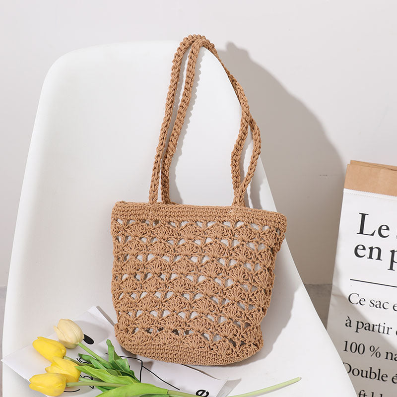 Korean Hollow Out Cutout Cotton Thread Hand Woven Bag Chi Elegant One Shoulder Portable Straw Weaved Bag Seaside Vacation Beach Bag