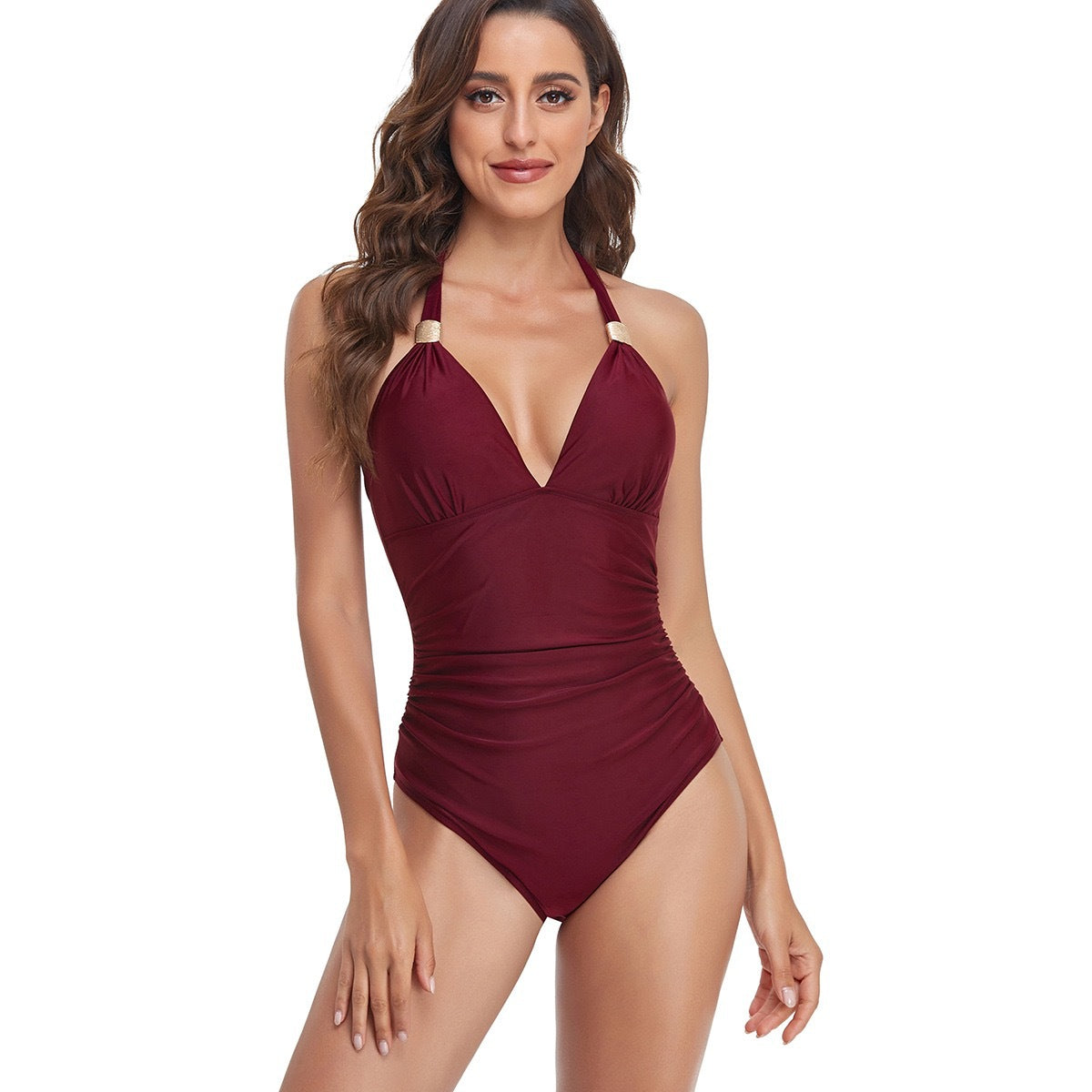 Arrival One Piece Women Swimsuit Solid Color V neck Lace up Halterneck Covering Belly Thin Swimsuit