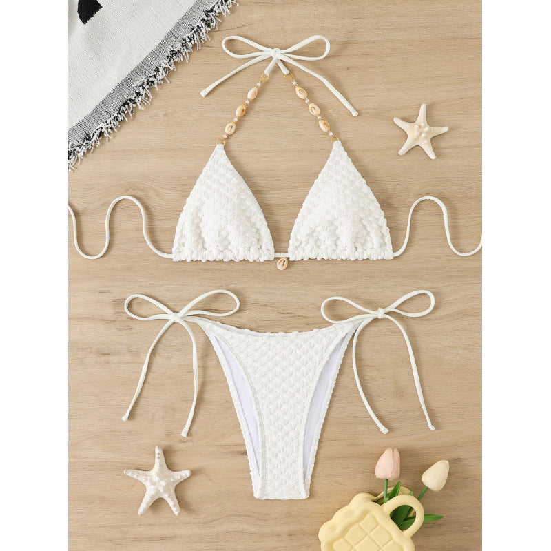 Solid Color Split Swimsuit Bikini High Grade Backless Deep V Plunge Sexy Wind Strap Design Three Point