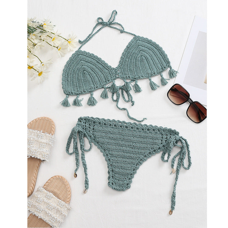 Beach Vacation Knitted Hand Crocheting Sexy Bikini Tassel Shell Strap Split Suit Multi-Color Optional Crochet hook