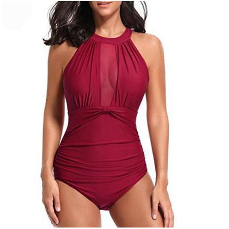 Ladies Swimsuit Chest Mesh Stitching Pleating Craft One Piece Swimsuit Bikini