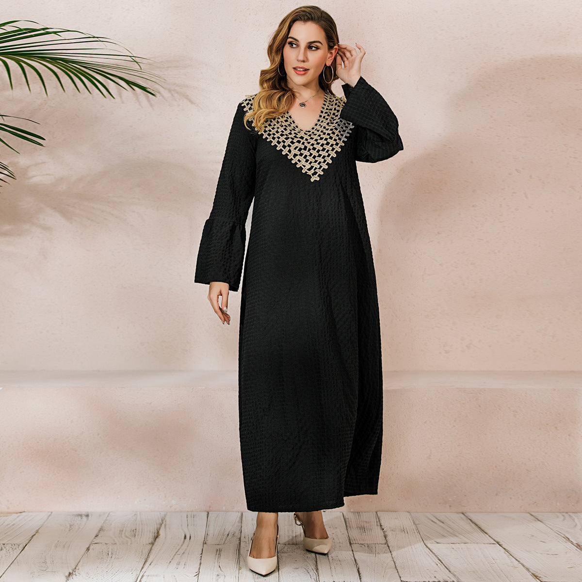 Plus Size Middle East Muslim Autumn Winter Long Sleeve Flared Sleeves Robe Dress V neck Embroidery