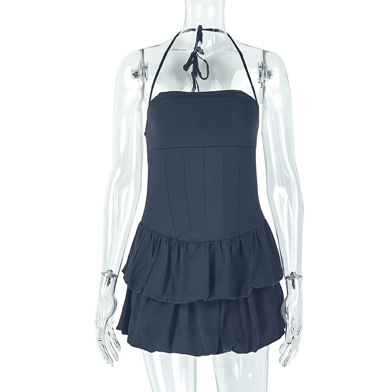 Elegant Sexy Backless Pleated A line Halterneck off Shoulder Dress Fresh Simple Women Clothing